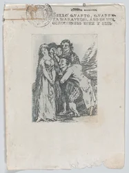 Wat een offer, een jonge vrouw omringd door een groep mannen, waaronder haar verloofde, na 1816