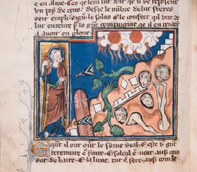 Wanneer Hij opstaat om de aarde te laten beven... Miniatuur uit: Apocalypse de saint Jean, ca. 1320
