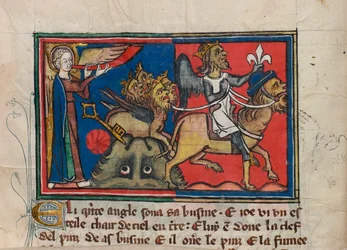 Toen de vijfde engel op zijn bazuin blies... Miniatuur uit: Apocalypse de saint Jean, ca. 1320
