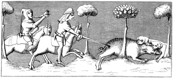 Wilde zwijnenjacht met honden, 14e eeuw 1849