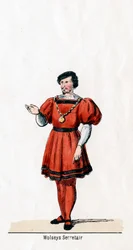 Wolseys secretaris, kostuumontwerp voor Shakespeares toneelstuk, Henry VIII, 19e eeuw