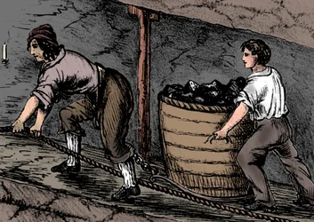 Vrouw en jongen aan het werk in een kolenmijn, Bolton, Lancashire, 1848