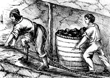 Vrouw en een jongen die werken in een kolenmijn, Bolton, Lancashire, 1848