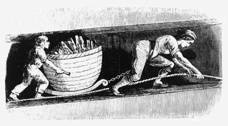 Vrouw en jongen tekenen een korf met 3-4 cwt kolen, Bolton, Lancashire, 1848
