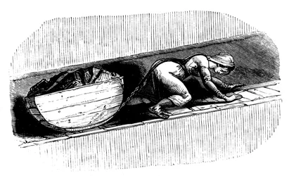 Vrouwelijke mijnwerker die een slee met kolen sleept langs een smalle naad, Zuid-Wales, ca. 1848