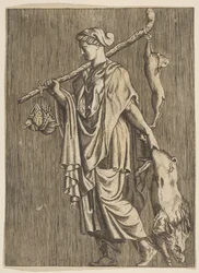 Vrouw die terugkeert van de jacht met een everzwijn in haar linkerhand en een stok in haar r..., ca. 1515-1600