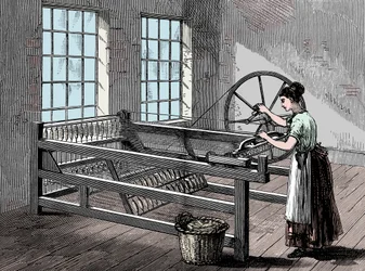 Vrouw die een Spinning Jenny gebruikt, ca. 1880