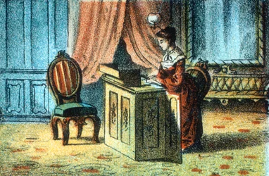Vrouw die een naaimachine gebruikt gepatenteerd door Elias Howe [ca. 1878]