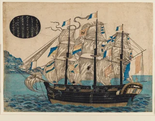 Houtsnede - Nederlands zeilschip, met vlag van VOC
