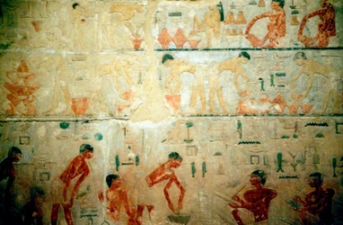 Werkend leven in het Oude Egypte, muurschildering uit het graf van een ambachtsman in Saqqara