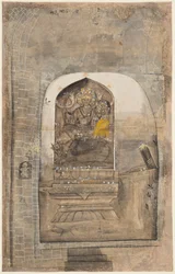 Aanbidding van stenen beeld van Shiva en Parvati binnen een lingam, c. 1710