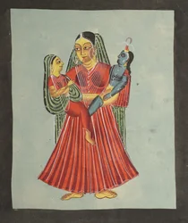 Yasoda houdt Krishna en Radha vast, 1800s