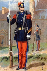 Z: School van Saint Cyr. Gravure in "Militair Alfabet". Initialen van de illustrator: A. D. Onbekende uitgever. Chromolithografieën eind 19e eeuw. Afm: 10,5x7cm