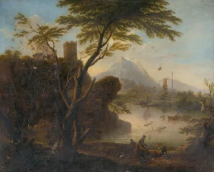 Baai met kasteel en figuren