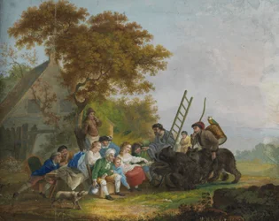 Twee reizende artiesten met dansberen voor een dorpsbijeenkomst