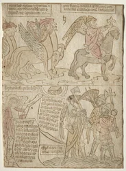 Pagina uit de Apocalyps De Sprinkhanen met de Engel van de Afgrond en De Zesde Trompet, 1400s
