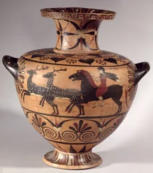 Hydria, jachtscène, Archaïsch Grieks, zwartfigurig Etrusco-Ionische periode, ca.540-530 v.Chr. (aardewerk)