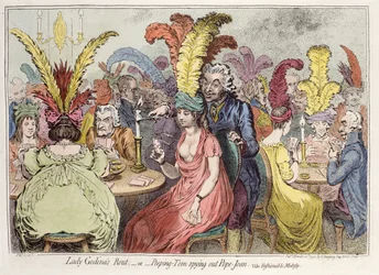 Lady Godivas Rout - of - Peeping Tom Spying out Pope Joan Satirische Cartoon op Modieuze Bescheidenheid