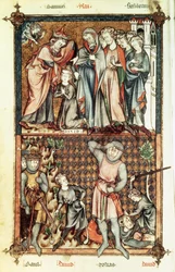 Lat 1023 f.7v David en Goliath met Saul door Le Bel de Breviare
