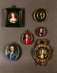 Miniaturen van L naar R, T naar B: Frances Teresa Stuart, hertogin van Richmond en Lennox; Zelfportret door Jean Petitot; Charles Fitzroy, 2e hertog van Cleveland