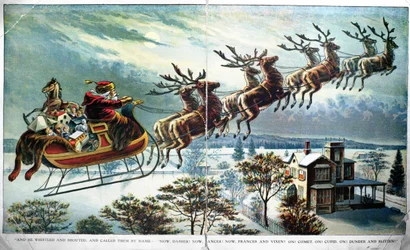 De eerste tocht van de Kerstman met slee en rendieren, illustratie voor Een bezoek van Sint-Nicolaas, door Clement Clarke Moore (1779-1863), jaren 1890