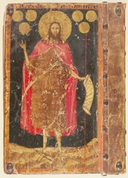 St. Johannes de Doper met Gouden Florijnen, van de omslag van Constituties en Statuten van het Gilde van Muntmeesters, c.1380