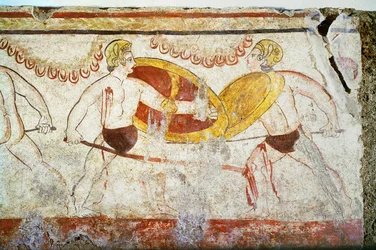 De Strijd van de Gladiatoren, detail van een duel, ca. 3e eeuw v.Chr.