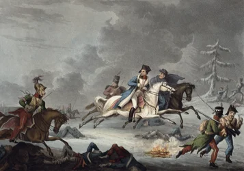 De vlucht van Bonaparte van de Slag bij Krasnoi door William Heath, gepubliceerd 1 april 1815 (gekleurde aquatint)