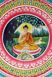 Wat Inpeng boeddhistische tempel. Schilderij dat het levensverhaal van Shakyamuni Boeddha afbeeldt. De Onderwijzende Boeddha toont een bijzonder moment in het leven van de Boeddha, namelijk de eerste preek die de Boeddha gaf na het bereiken van Verlichting