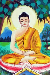 20151029, Vientiane, Laos: Wat Inpeng boeddhistische tempel. Schilderij dat het levensverhaal van Shakyamuni Boeddha uitbeeldt. Boeddha zittend in de meditatiehouding