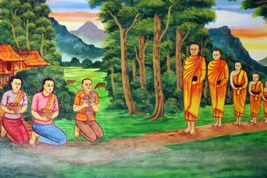 Wat Si Muang boeddhistische tempel. Schilderij dat het levensverhaal van Shakyamuni Boeddha afbeeldt