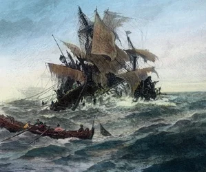 Een Deens schip, dat hulp wil brengen voor de stad Stralsund, vergaat