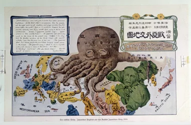 "Een humoristische diplomatieke atlas van Europa en Azië", Rusland afgebeeld als de "Zwarte Octopus"
