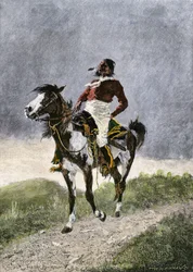 Een dappere Comanche, te paard reizend in de zuidelijke prairies (Texas, Oklahoma, VS), rond 1800. Lithografie
