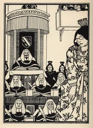 Een grotendeels vrouwelijke rechtbank verschijnt voor de Baron, een ironie die het vermelden waard is onder zijn avonturen. Illustratie door William Strang (1859-1921) en JB Clark uit “The Adventures of the Baron of Munchausen (Munchhausen) door Rudolf Eri