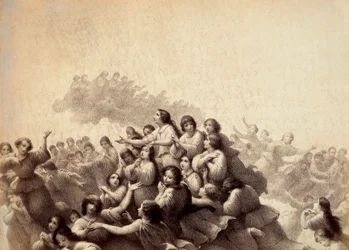 Een zwerm zielen vliegt door het firmament van het Paradijs. Illustratie van Canto III in Paradiso van De Goddelijke Komedie door Dante Alighieri. Werk van Francesco Scaramuzza gewijd aan de gemeente Florence.
