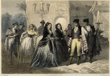 Een galante scène in Mallorca (Mallorca, Mallorca), een jonge man biedt een bloem aan een meisje aan. in het boek over de Mediterranee door Louis Enault (1824-1900), een Franse journalist en reiziger.