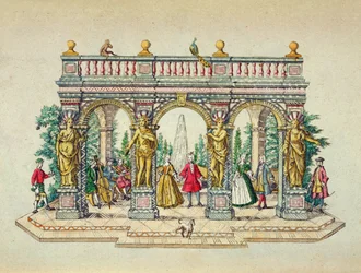 Een muzikaal gezelschap in een prieel, midden 18e eeuw (gekleurde gravure)