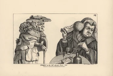Een dikke rijke dominee met tabakspijp en drank negeert de smeekbeden van een arme oude vrouw. Gravure door Thomas Sanders naar een satirische illustratie van Timothy Bobbin (John Collier) uit Human Passions Delineated, John Haywood