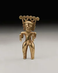 Een zeldzame gouden figuur van een sjamaan in internationale stijl, waarschijnlijk uit Panama of Costa Rica, ca. 500-1000