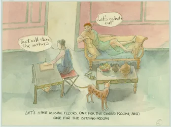 Een reconstructie illustratie die twee personages toont in hun nieuw gebouwde villa en overwegen een mozaïekvloer toe te voegen, in het boek Marcus en Julia