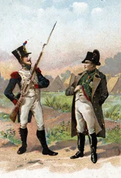 Een jonge soldaat stopt Napoleon I op zijn weg 1805. 19e eeuw (chromolithografie)
