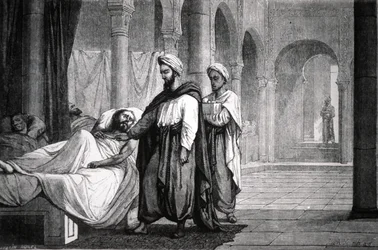 Abulcasis (936-1013) arts van kalief Al-Hakam II, in ziekenhuis van Cordoba (Spanje) (gravure)