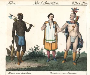 Acadiaanse man met getatoeëerd lichaam en een paar inheemse Canadese Indianen. Lithografie voor het boek: “Galerie complete en tableaux fideles des peuples d