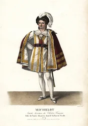 Acteur Pierre Marie Nicolas Michelot als de graaf Almaviva in Le Barbier de Séville door Pierre Beaumarchais, Théâtre Français. Handgekleurde lithografie door F. Noel naar een illustratie van Alexandre-Marie Colin uit Portraits d