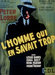 Poster voor de film The Man Who Knew Too Much van Alfred Hitchcock met Peter Lorre, 1934