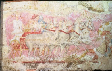 Amazones die een wagen besturen, detail van de zijkant van de sarcofaag van de Amazones, Tarquinia, 4e eeuw v.Chr. (detail)