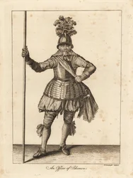 Een officier van piekeniers in militair uniform met helm, borstpantser, sjerp, kniebroek, kousen met zwaard en piek