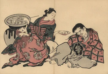 Een oiran courtisane speelt twee shojo met sake uit een enorme vaas. Houtsnede door Masanobu Okumura (1686-1764) uit Fuzoku Emakimono, Beeldrol van de Waterhandel, Tokio, herdruk circa 1880.