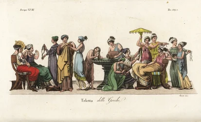 Oude Griekse vrouwen bij hun toilet: haar wassen in een fontein, kleding passen, haar doen, een ketting bewonderen, enz. Handgekleurde kopergravure door Sasso naar een schilderij van Pelagio Palagi uit Giulio Ferrario